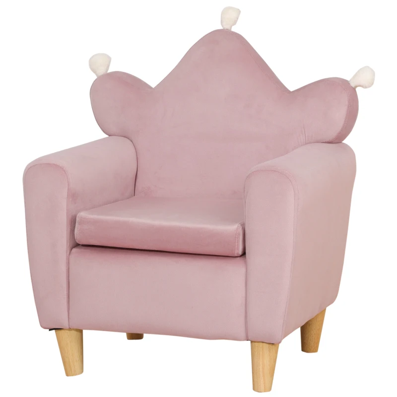 Qaba Soft Kids Sofa Chair, Single Lounger Armchair for Children with Strong Frame, Cute Pink Crown Throne for Relaxing, Watching TV, Studying