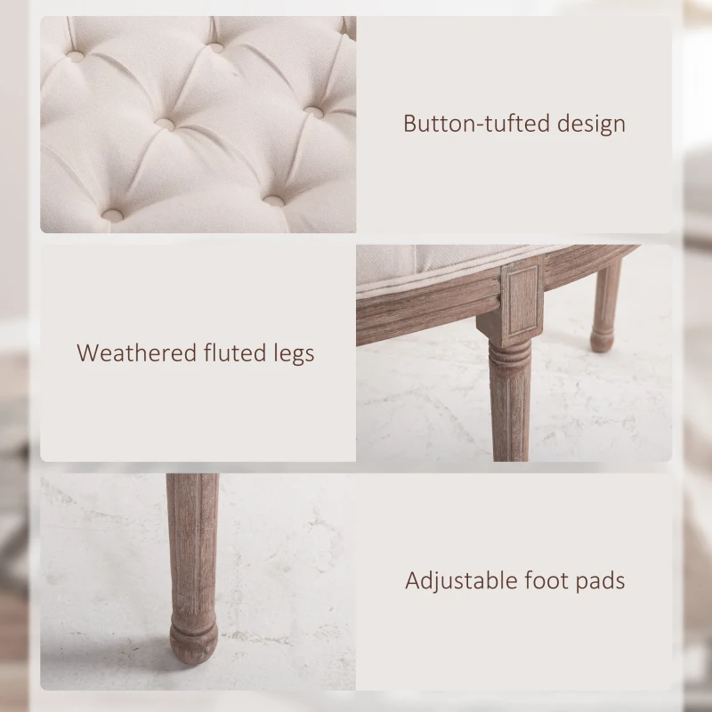 HOMCOM Semi-Circle End of Bed Bench with Tufted Design, Upholstered Bedroom Entryway Bench with Rubberwood Legs, Off White
