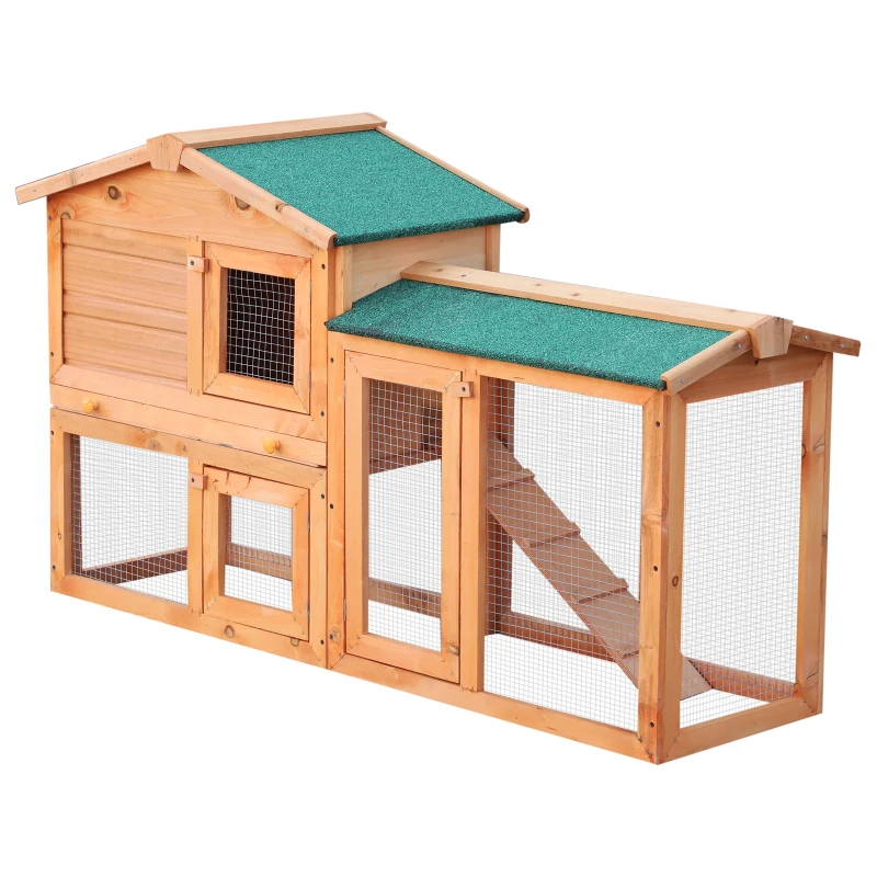 PawHut Two-Level Rabbit Hutch Small Animal House Pet Bunny Cage Home w/ Outdoor Run Water & UV Resistant Roof Access Ramp Natural Finish Guinea Pig Bunny Hamster Habitat