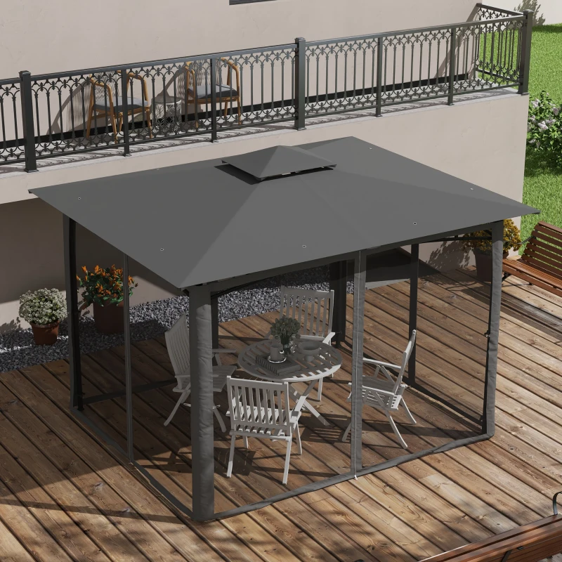 Outsunny 10' x 12' Outdoor Gazebo with Nettings, 2 Tier Patio Gazebo Canopy for Garden, Backyard, Deck, Dark Gray