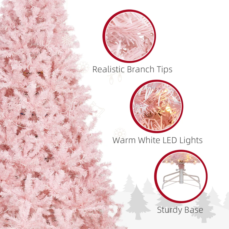 HOMCOM 7.5 FT Tall PreLit Artificial Christmas Tree with Realistic Branches, 500 Warm White LED Lights and 1346 Tips, Pink