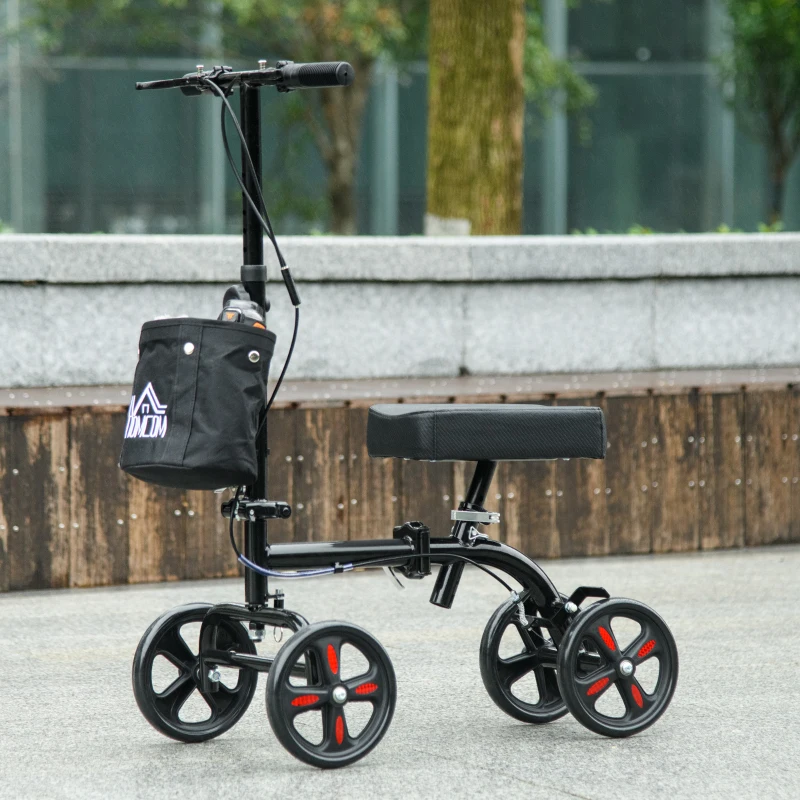HOMCOM Steerable Knee Walker, Foldable Knee Scooter with Dual Braking System, Adjustable Height, Crutch Alternative, Black