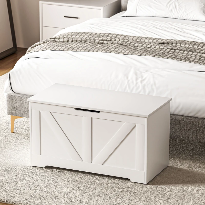 HOMCOM 31.5 Inches Storage Chest, Storage Trunk with 2 Safety Hinges, Wooden Box for Living Room, White Wood Grain