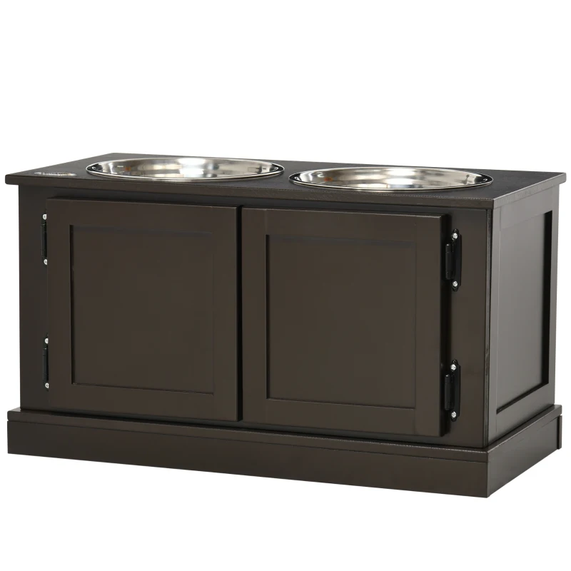 PawHut Elevated Dog Bowls with Storage Cabinet, Raised Pet Bowls Stand with 2 Stainless Steel Bowls for Water and Food, for Large Dogs, Brown