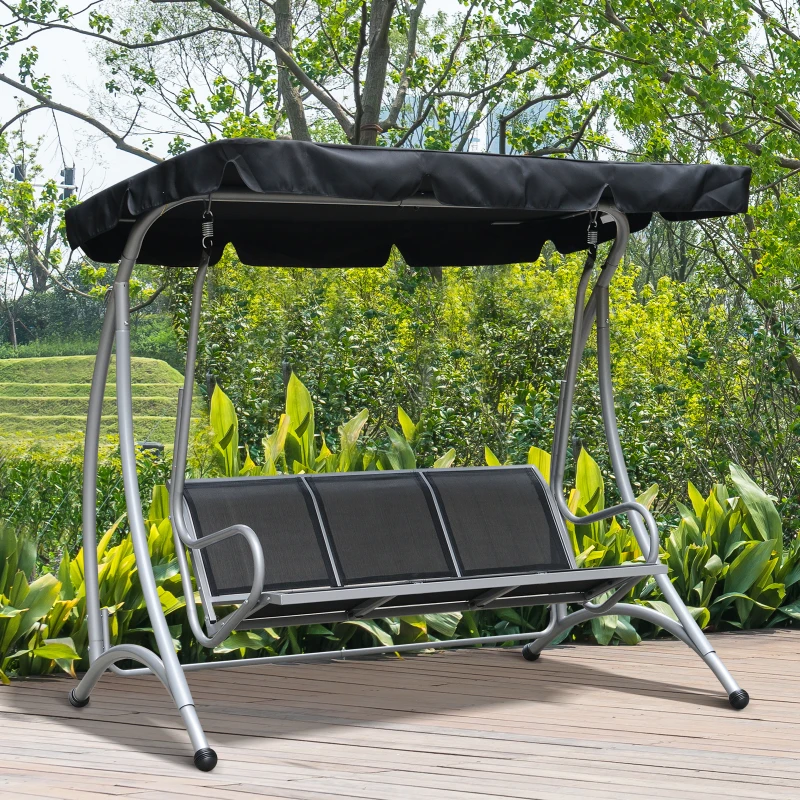 Outsunny 3-Seat Outdoor Porch Swing Chair, Patio Swing Glider with Adjustable Canopy, Breathable Seat, and Steel Frame for Garden, Poolside, Backyard, Black