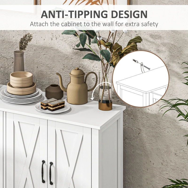 HOMCOM Sideboard Buffet with 4 Barn Doors and 2 Adjustable Shelves, Kitchen Buffet Cabinet for Living Room, Hallway, White