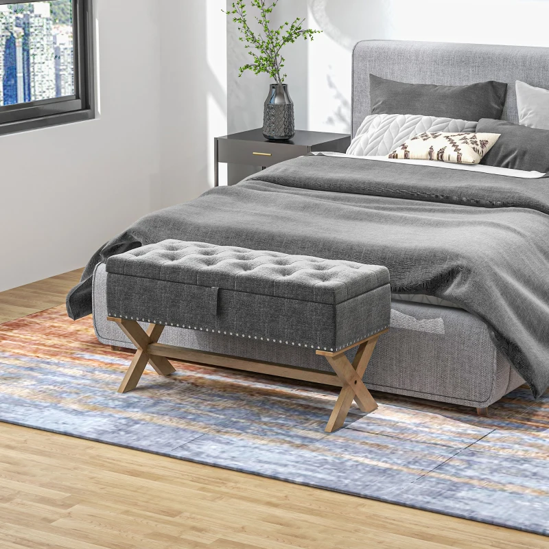 HOMCOM Upholstered Bedroom Bench, End of Bed Bench, Ottoman with Wood Legs, 35.75"W x 16.25"D x 19.75"H, Gray