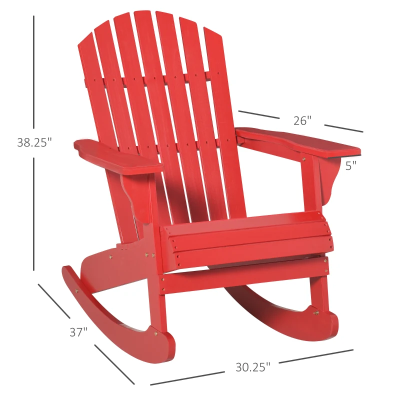 Outsunny Wooden Adirondack Rocking Chair Outdoor Lounge Chair Fire Pit Seating with Slatted Wooden Design, Fanned Back, Red