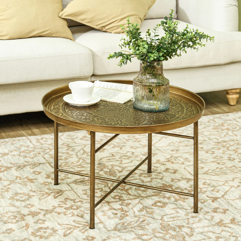 HOMCOM Coffee Table for Living Room, 24" Round Center Table with Hammered Tray Top and Metal Frame for Bedroom, Gold