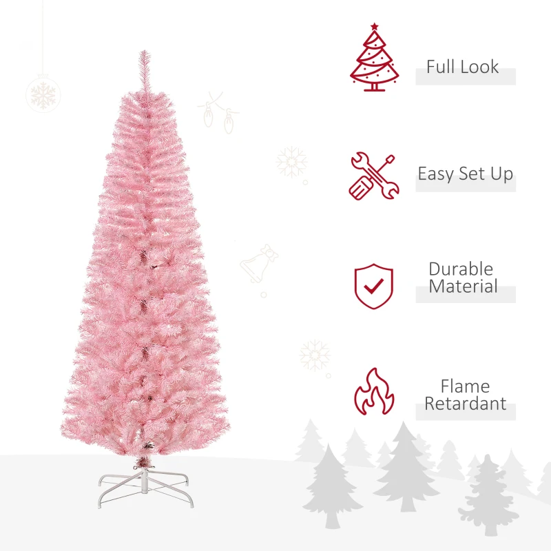 HOMCOM 6' Artificial Christmas Tree Douglas Fir Pencil Christmas Tree with 618 Realistic Branch Tips, Pink