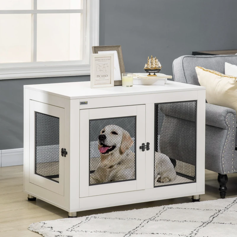 PawHut 37" Dog Crate Furniture with Cushion, Double Doors for Large Dogs, White