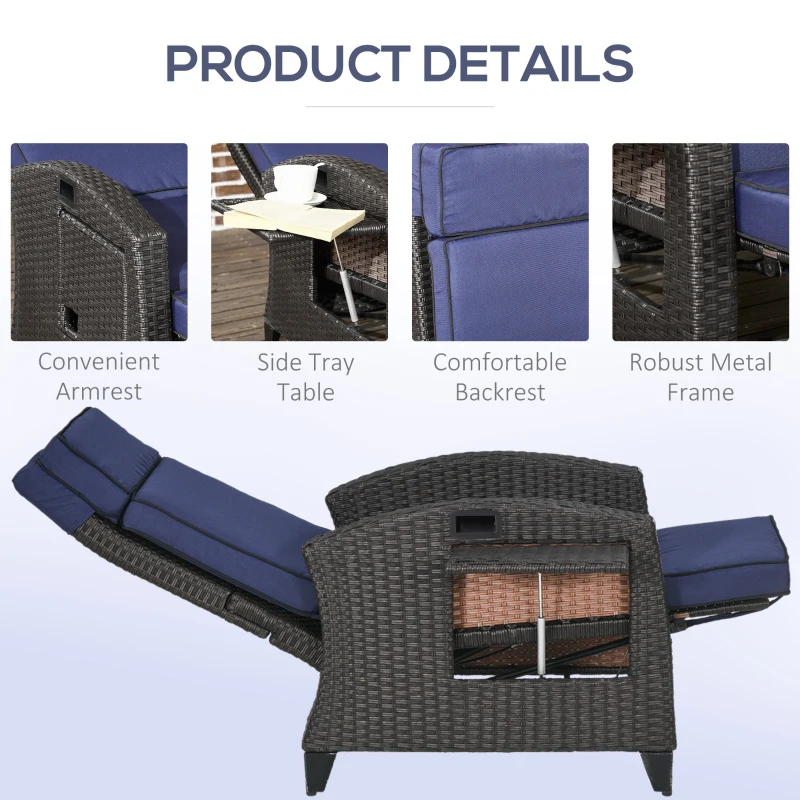 Outsunny Outdoor Recliner Chair with Adjustable Backrest, Cushion, Side Tray, Blue