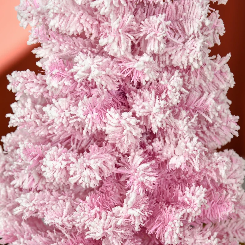 HOMCOM 5 FT Snow Flocked Artificial Christmas Tree, Pencil Xmas Tree with Realistic Branches, Auto Open and Steel Base, Pink