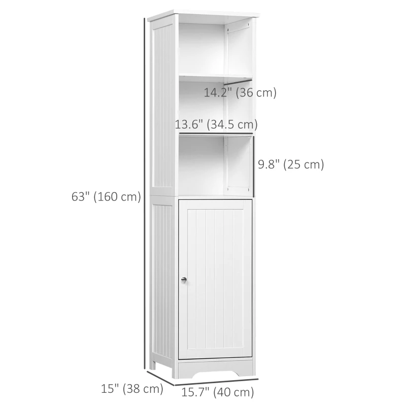 kleankin Tall Bathroom Storage Cabinet, Freestanding Tower Cabinet with Adjustable Shelf, 3 Open Shelves, White