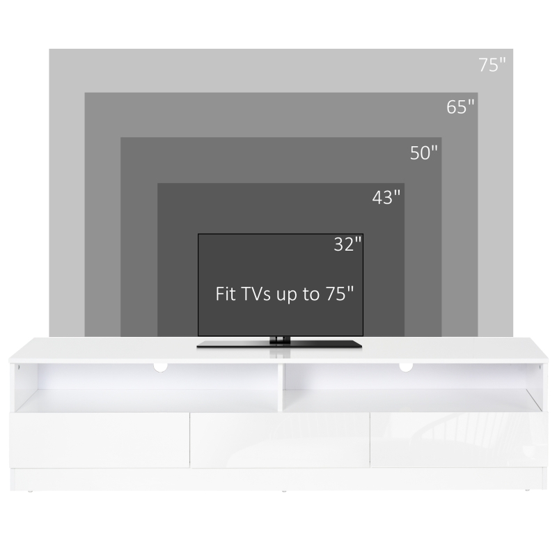 HOMCOM LED Lighted TV Stand for TVs up to 75", Modern TV Cabinet with Storage Drawers for Living Room, High Gloss White