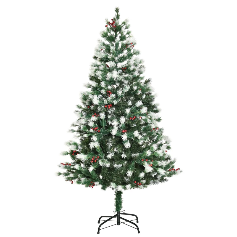 HOMCOM 5' Tall Unlit Snow-Flocked Fir Artificial Christmas Tree with Realistic Branches, Red Berries and 554 Tips, Green / White