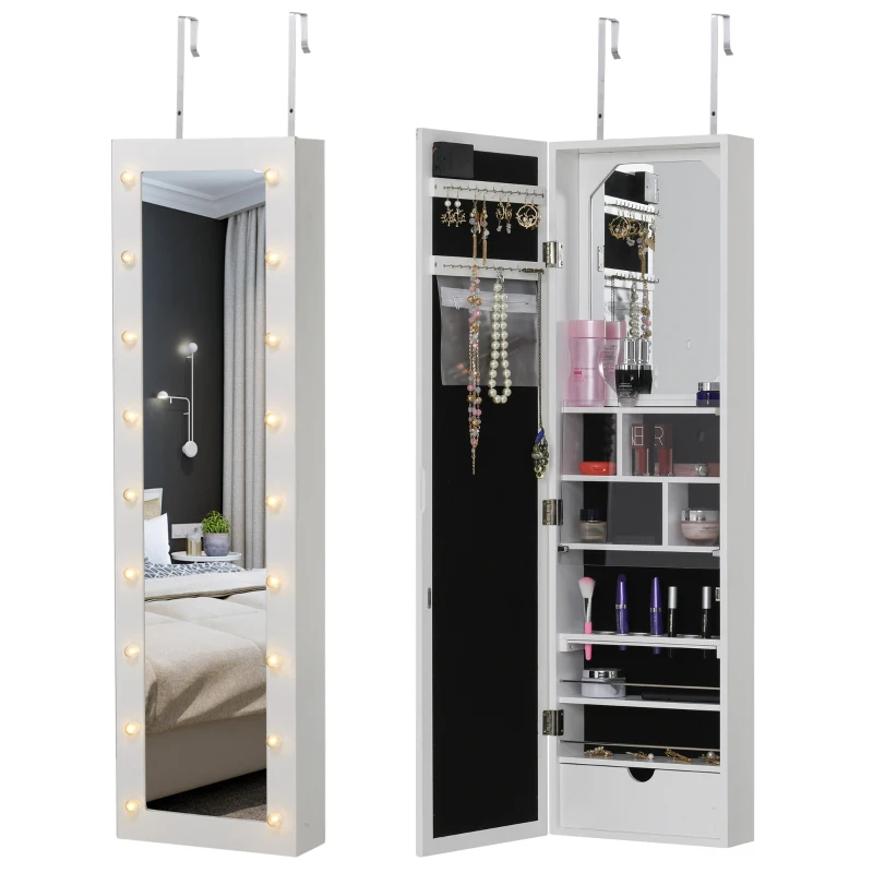 HOMCOM Jewelry Armoire with Mirror and 18 LED Lights, Wall-Mounted/Over-The-Door Cabinet with 3 Mountable Heights, White