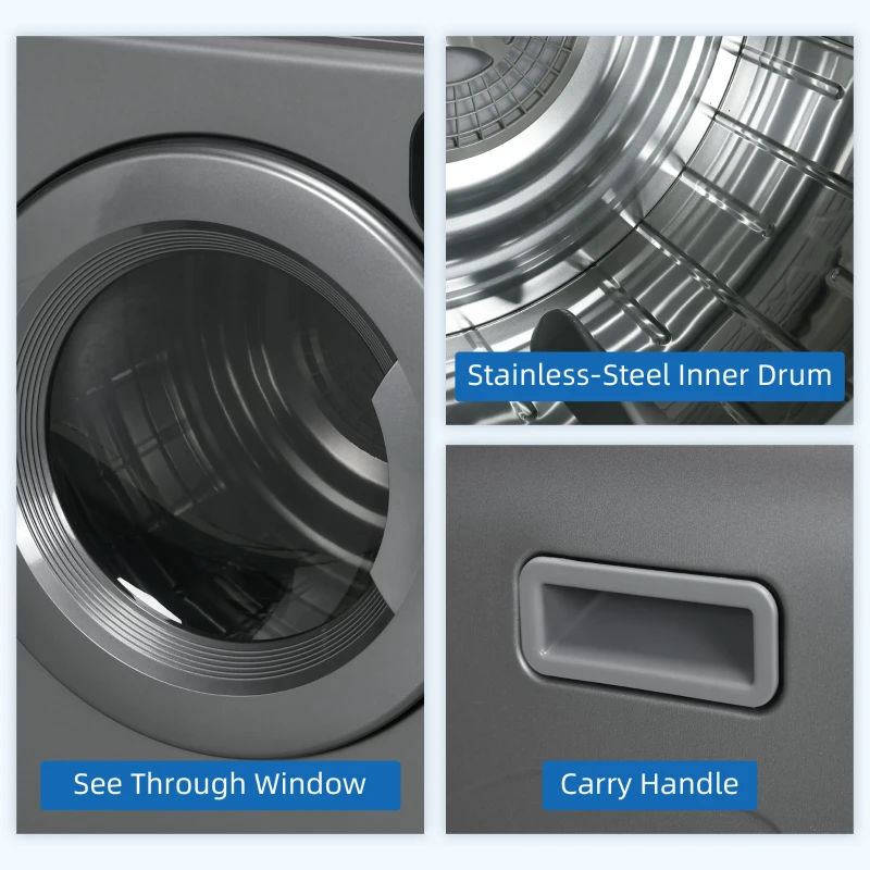 HOMCOM Compact Laundry Dryer 1300W Portable Clothes Dryer with 3.2 cu.ft Stainless Steel Drum, Front Load Electric Dryer, Gray