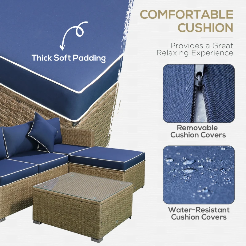 Outsunny 6 Piece Patio Furniture Set Outdoor Wicker Conversation Set All Weather PE Rattan Sectional Sofa Set with Ottoman, Cushions and Tempered Glass Table, Mixed Yellow and Navy Blue