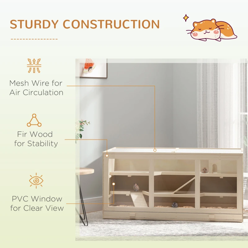 PawHut 45" Extra Large Wooden Hamster Cage, 3-Layer Rat Cage with Opening Roof, PVC Window, Small Animal Habitat for Gerbil, Dwarf & Syrian Hamsters, Natural