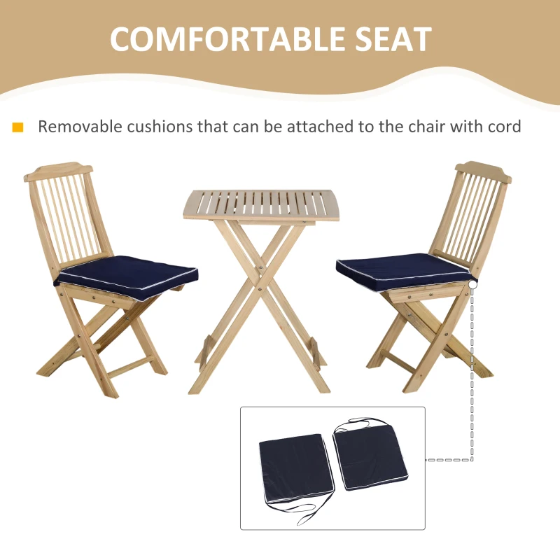 Outsunny 3 Pieces Patio Folding Bistro Set, Outdoor Pine Wood Table and Chairs Set with Tie-on Cushion & Square Coffee Table, Great for Indoor, Poolside, Garden, Dark Blue