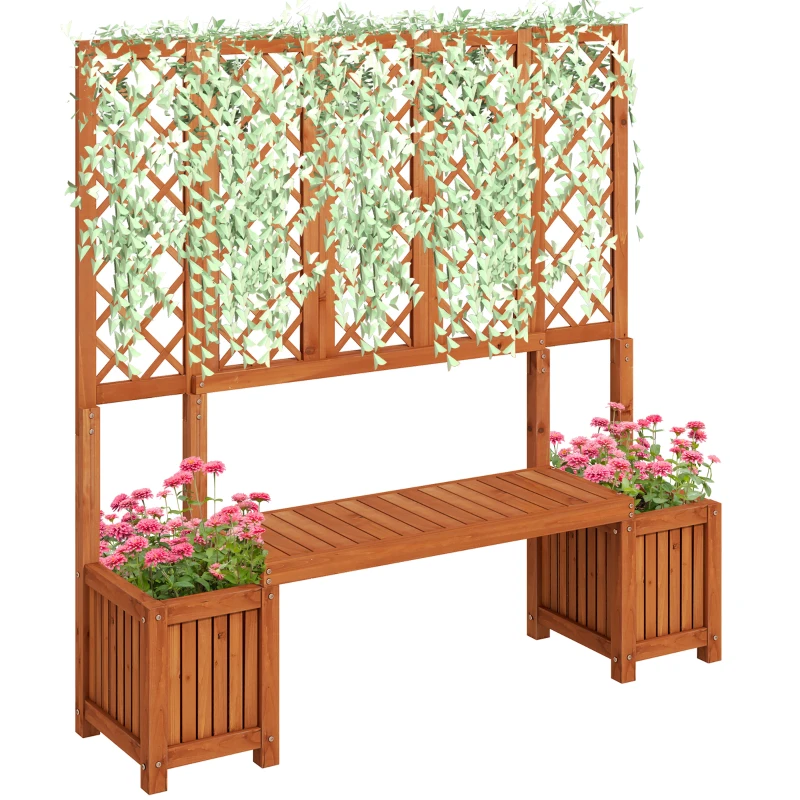 Outsunny Wood Outdoor Bench with Trellis for Climbing Plants and 2 Planter Boxes Garden Planter with Bench Privacy Panel Brown