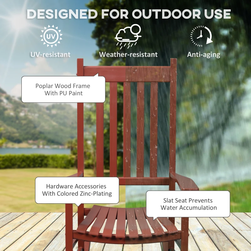 Outsunny Wooden Porch Rocking Chair Outdoor Patio Rocker Garden Single Leisure Reclining Seat Armchair Wine Red