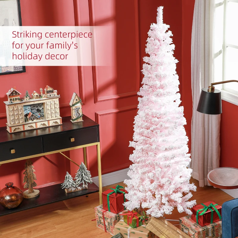 HOMCOM 6ft Flocked Christmas Tree, Pencil Christmas Tree with Realistic Branch Tips, Folding Metal Stand, Pink