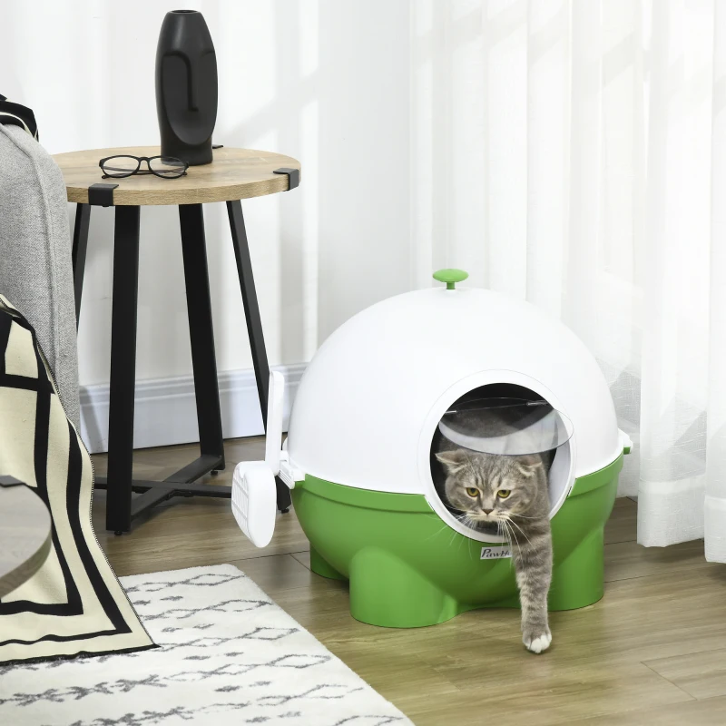 PawHut Hooded Cat Litter Box with Lid, Scoop, Leaking Sand Pedal, Top Handle, Dark Green