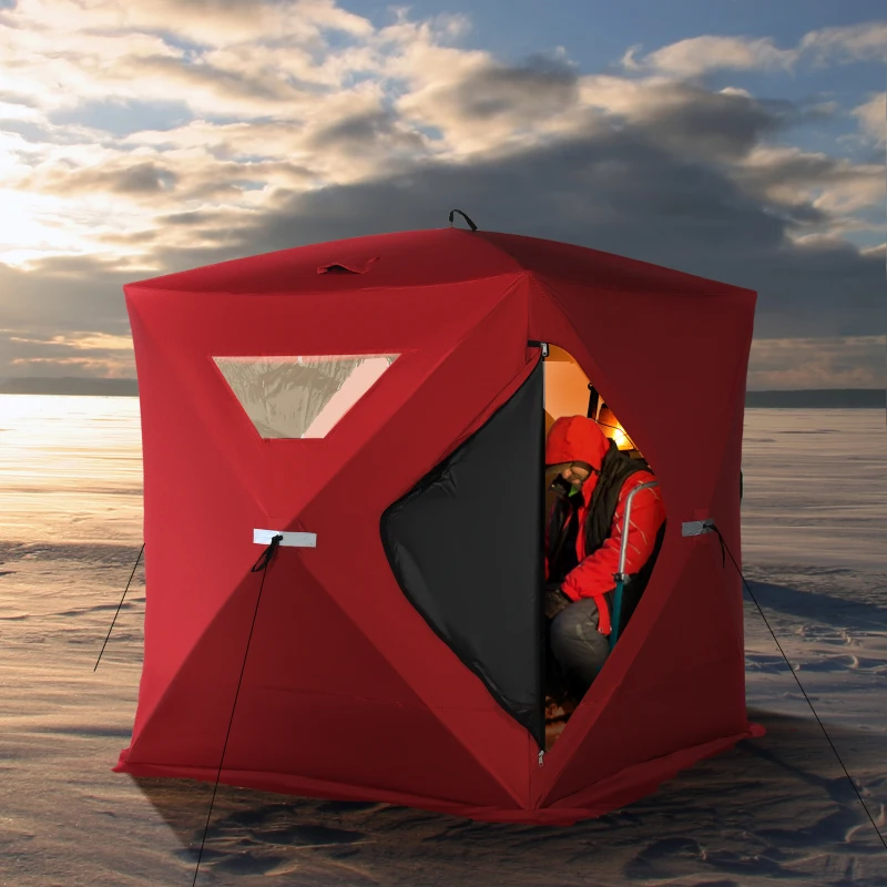 Outsunny 2-4 People Ice Fishing Shelter, Pop-Up Portable Ice Fishing Tent with Carry Bag, Two Doors, Windows and Vents, Ice Shanty for Winter Fishing, Red