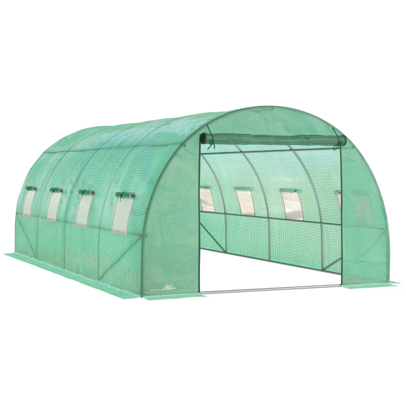Outsunny Walk-in Tunnel Greenhouse, 19 x 10 x 6.6 ft Hoop House with Zipped Roll-Up Door and 8 Mesh Windows, Outdoor Greenhouse with Galvanised Steel Frame, Green