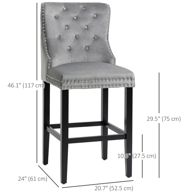 HOMCOM Upholstered Fabric Bar Stool Set of 2, Button Tufted 29.5" Seat Height Pub Chairs with Back & Wood Legs, Grey