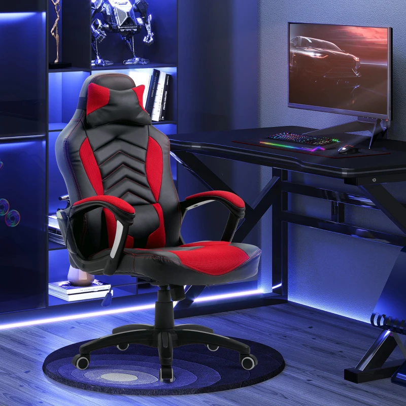 HOMCOM 6 Vibrating Point Massage Computer Gaming Chair 5 Modes, Racing Style Heated Desk Chair Swivel Rolling Chair with Headrest, Red / Black