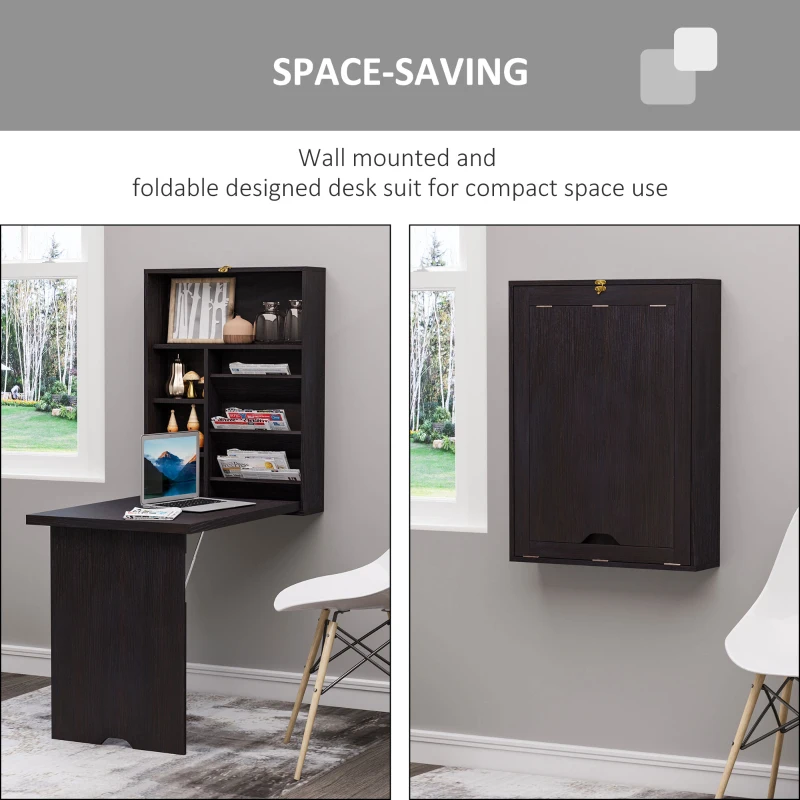 HOMCOM Wall Mounted Fold Out Convertible Desk, Multi-Function Floating Desk with Storage Shelf for Home Office, Espresso Brown