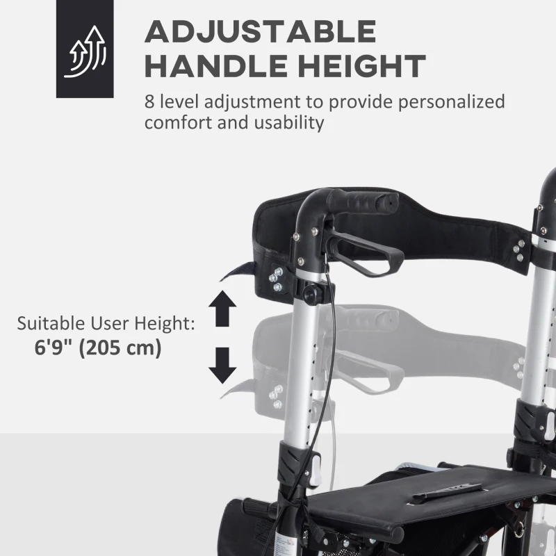HOMCOM Lightweight Folding Rolling Walker with Large Seat, Back, Adjustable Handle, Bag, Dual Brake, Cane Holder, Black