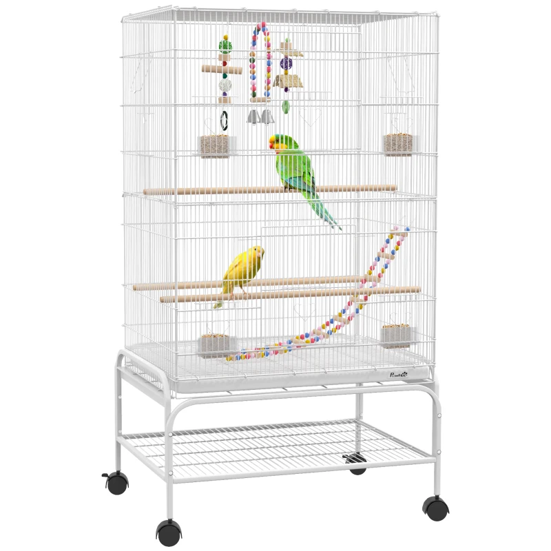 PawHut 43" Bird Cage with Rolling Stand, Toys, for Budgies Canaries White