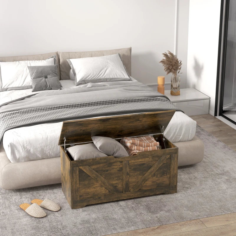 HOMCOM 39.4 Inches Storage Chest, Storage Trunk with 2 Safety Hinges, Wooden Box for Living Room, Brown Wood Grain