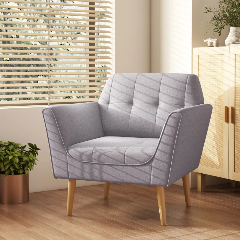 HOMCOM Upholstered Armchair, Modern Accent Chair with Tufted Pattern, Rubber Wood Legs for Living Room, Bedroom, Grey