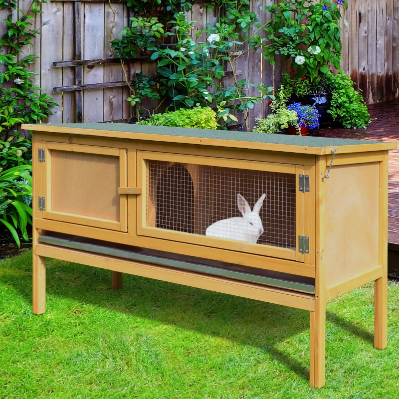 PawHut Wooden Rabbit Hutch Bunny Cage with Openable Waterproof Roof, No Leak Tray Solid Fir Wood Build for Rabbits, Chickens, Ducks, Indoor/Outdoor