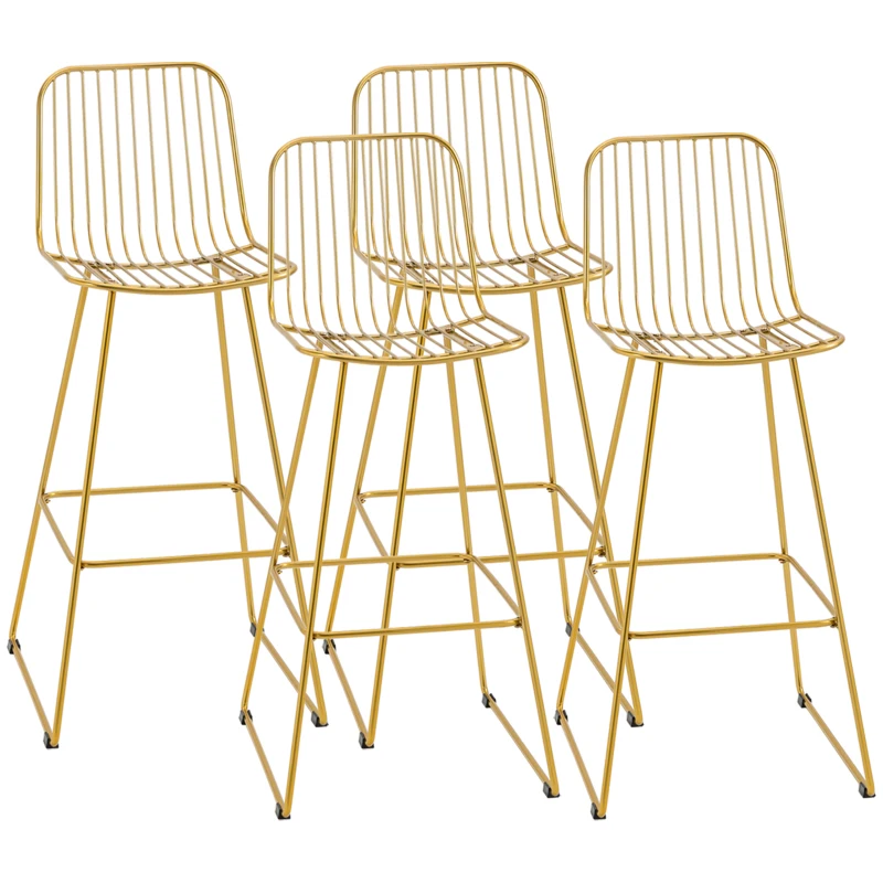 HOMCOM Modern Bar Stools, Metal Wire Bar Height Barstools, 30" Seat Height Bar Chairs for Kitchen with Back and Footrest, Set of 4, Gold