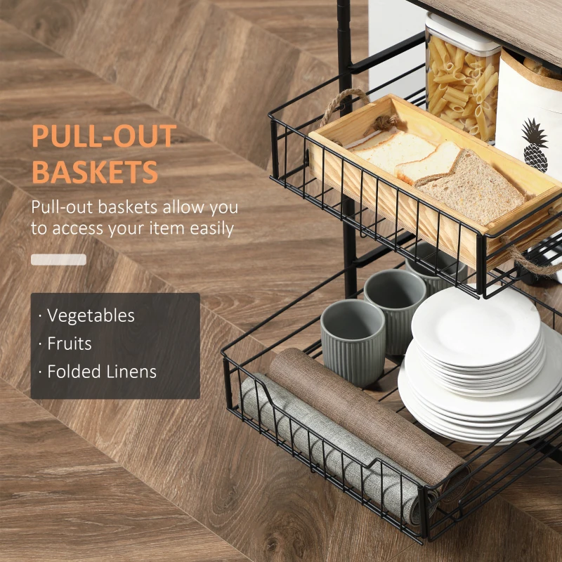 HOMCOM Kitchen Cart with Storage, 16"W Slim Rolling Cart, 4 Tier Kitchen Shelves on Wheels with Side Racks, 2 Basket for Fruit Vegetable, Utility Cart for Narrow Space, Laundry, Oak