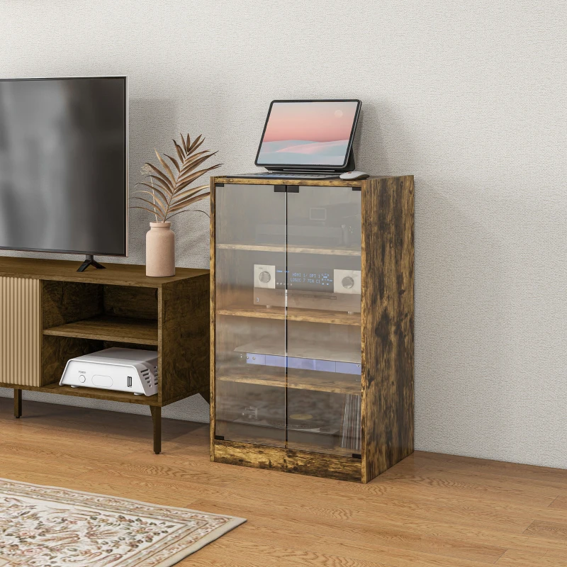 HOMCOM 5-Tier Media Cabinet, Media Stand with Adjustable Shelves, Tempered Glass Doors, and Cable Management, Rustic Brown