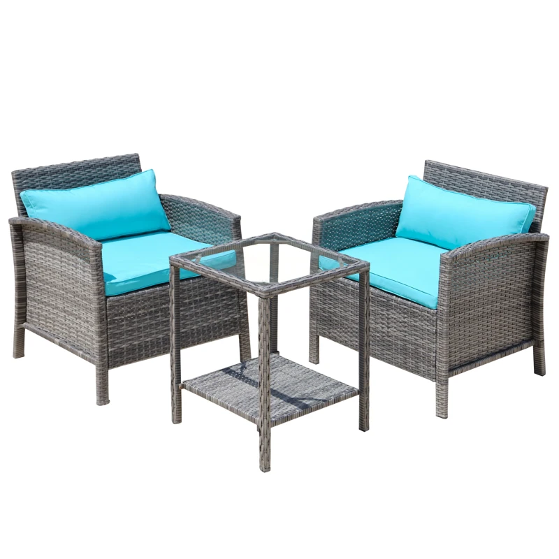 Outsunny 3 Piece Patio Furniture Set w/ Cushions, PE Rattan Outdoor Table And Chairs, 2-Tier Glass Top Coffee Table, Green