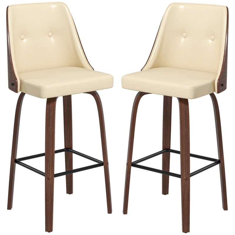 HOMCOM Bar Height Bar Stools Set of 2 PU Leather Upholstered Swivel Barstools with Solid Wood Legs Footrest and Tufted Back, Beige