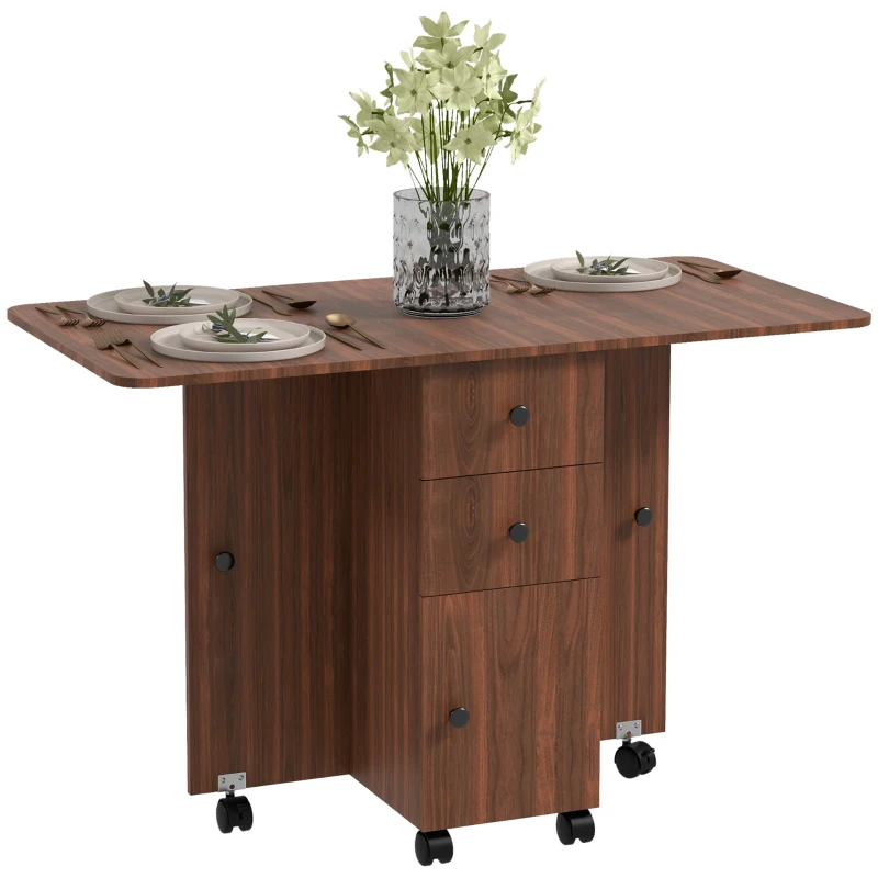 HOMCOM Drop Leaf Dining Table, Mobile Folding Table on Wheels with Drawers and Cabinet for Dining Room, Kitchen, Brown