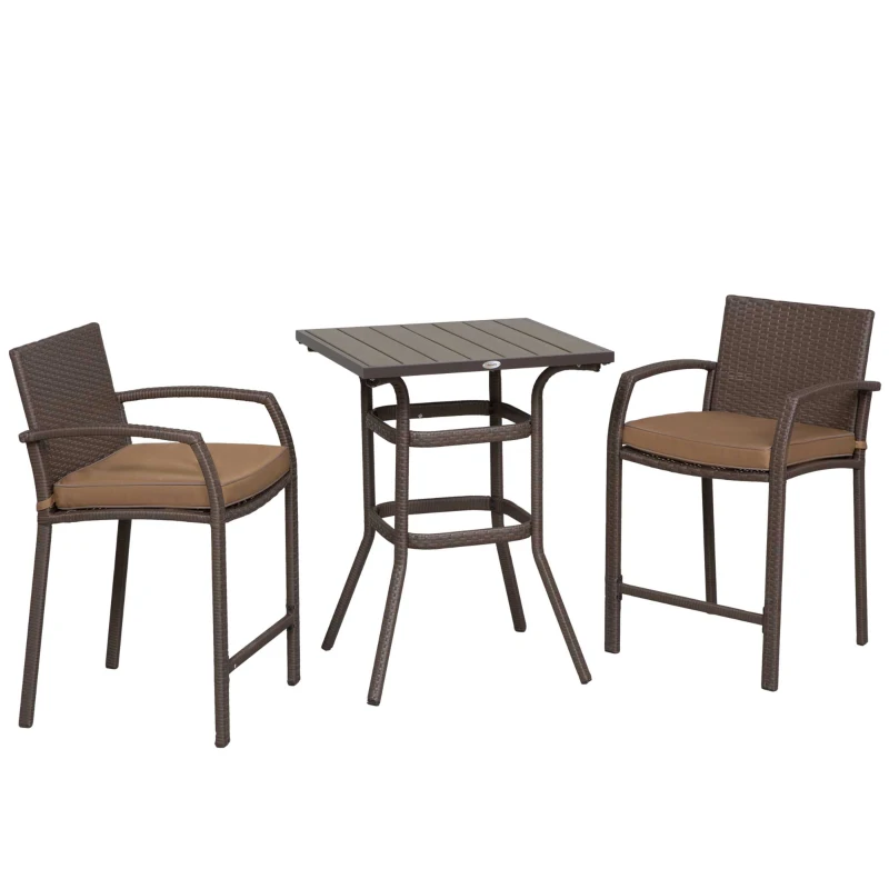 Outsunny 3 Pieces Outdoor Wicker Bistro Bar Set Garden PE Rattan Bar Table and Stools with Seat Cushion, Khaki