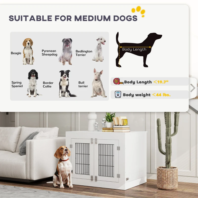 PawHut Dog Crate Furniture with 360° Rotatable Removable Dog Bowls, Dog Kennel Furniture for Medium Dogs, White