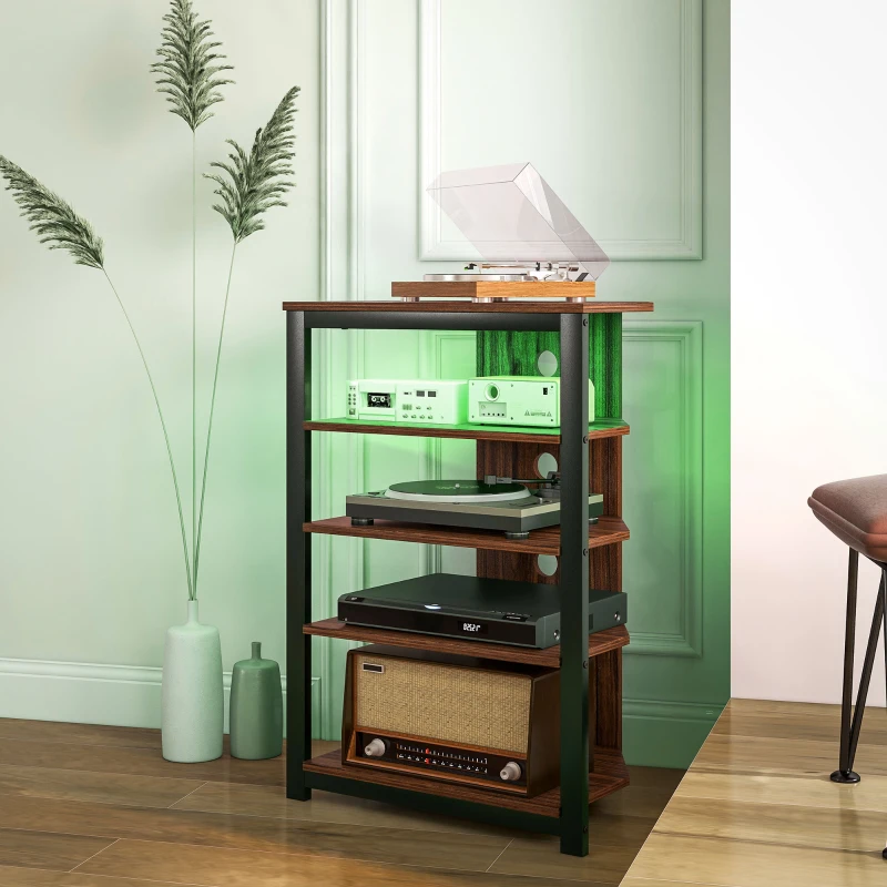 HOMCOM LED TV Stand, Entertainment Center with Storage Shelves and Steel Frame for Living Room, Brown