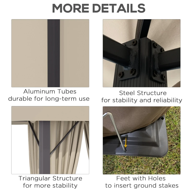 Outsunny 10' x 10' Patio Gazebo Outdoor Aluminum Frame Canopy Shelter with Curtains, Vented Roof for Garden, Lawn, Backyard and Deck, Khaki