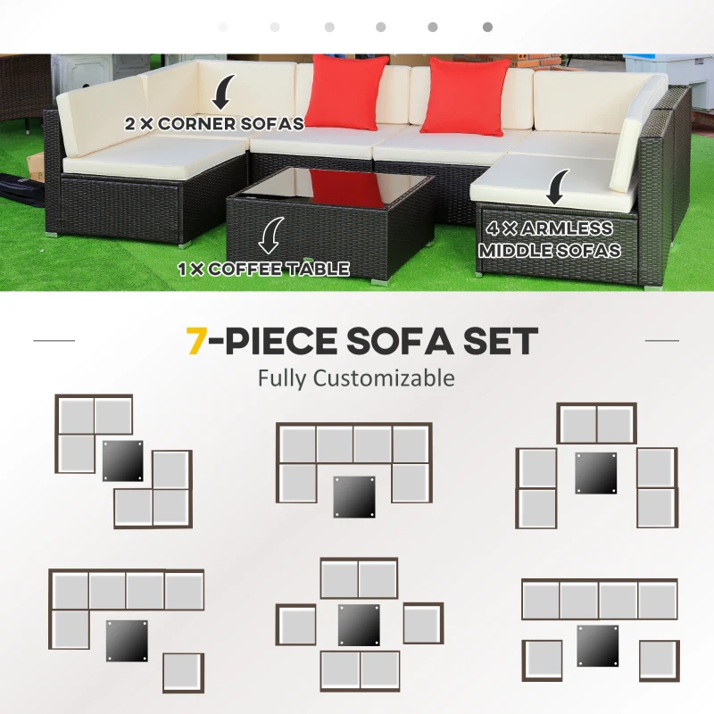 Outsunny 7 Piece Outdoor Patio Furniture Set, PE Rattan Wicker Sectional Sofa Set with Couch Cushions, Throw Pillows and Coffee Table, Orange, Cream